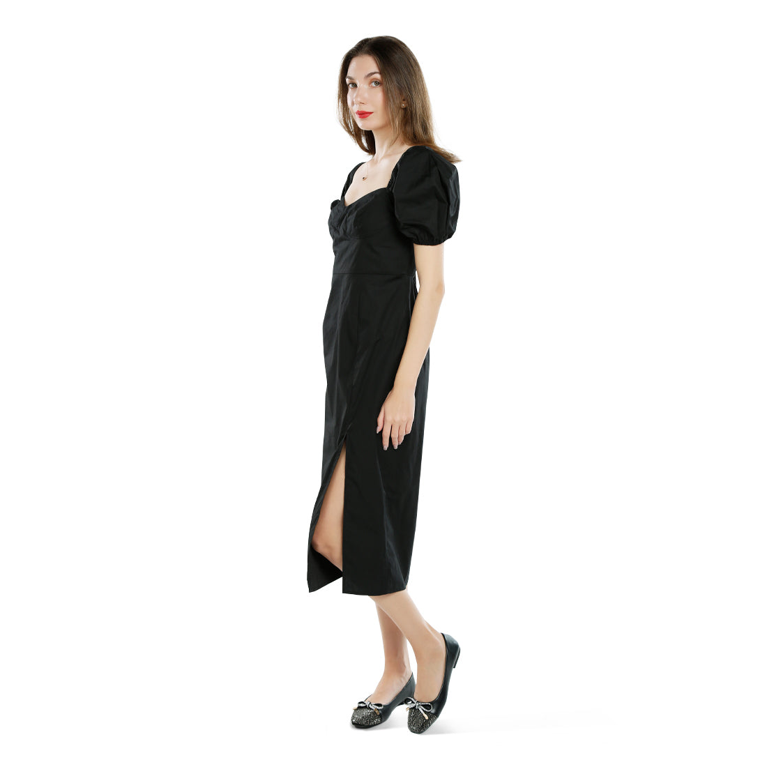 puff sleeves slit dress#color_black