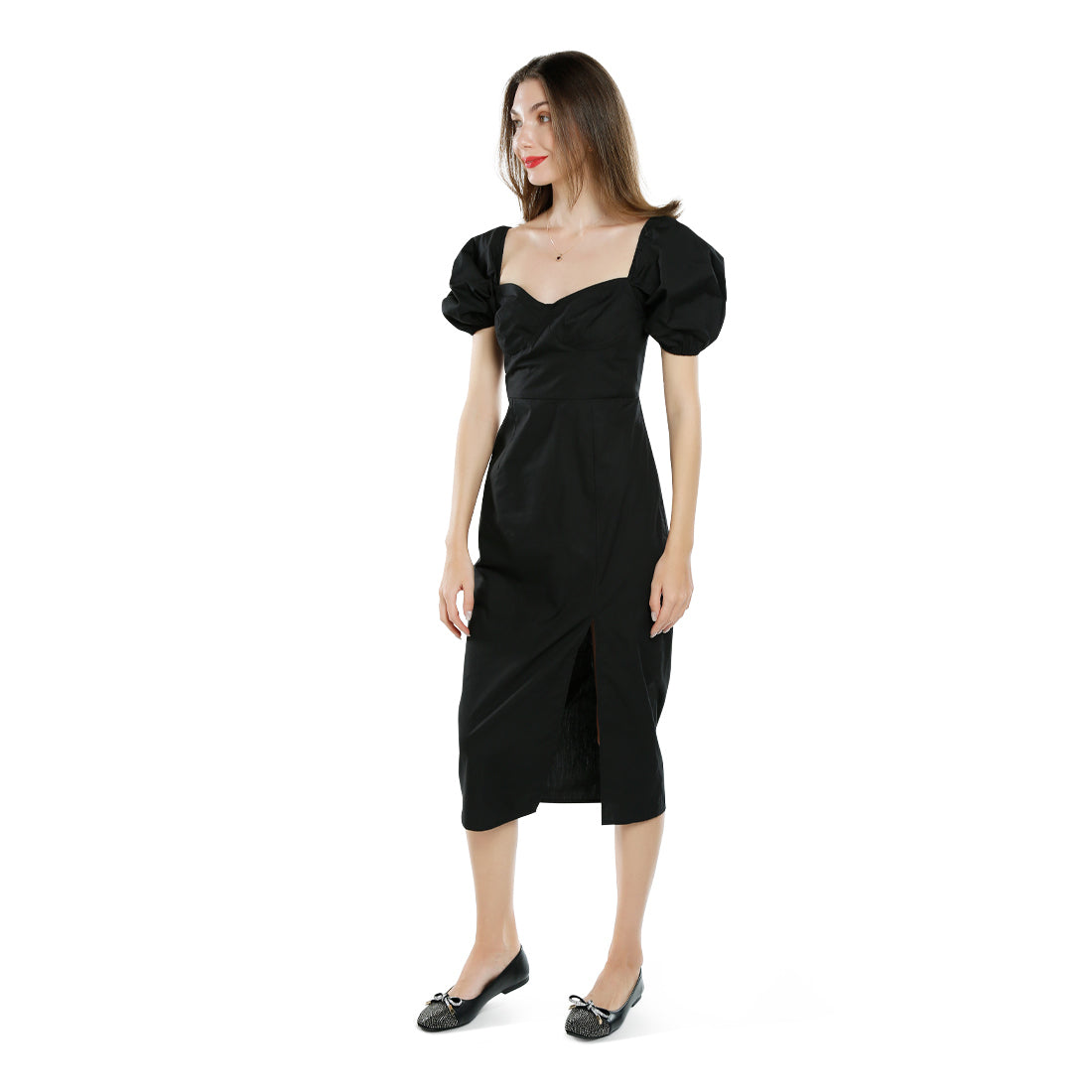 puff sleeves slit dress#color_black