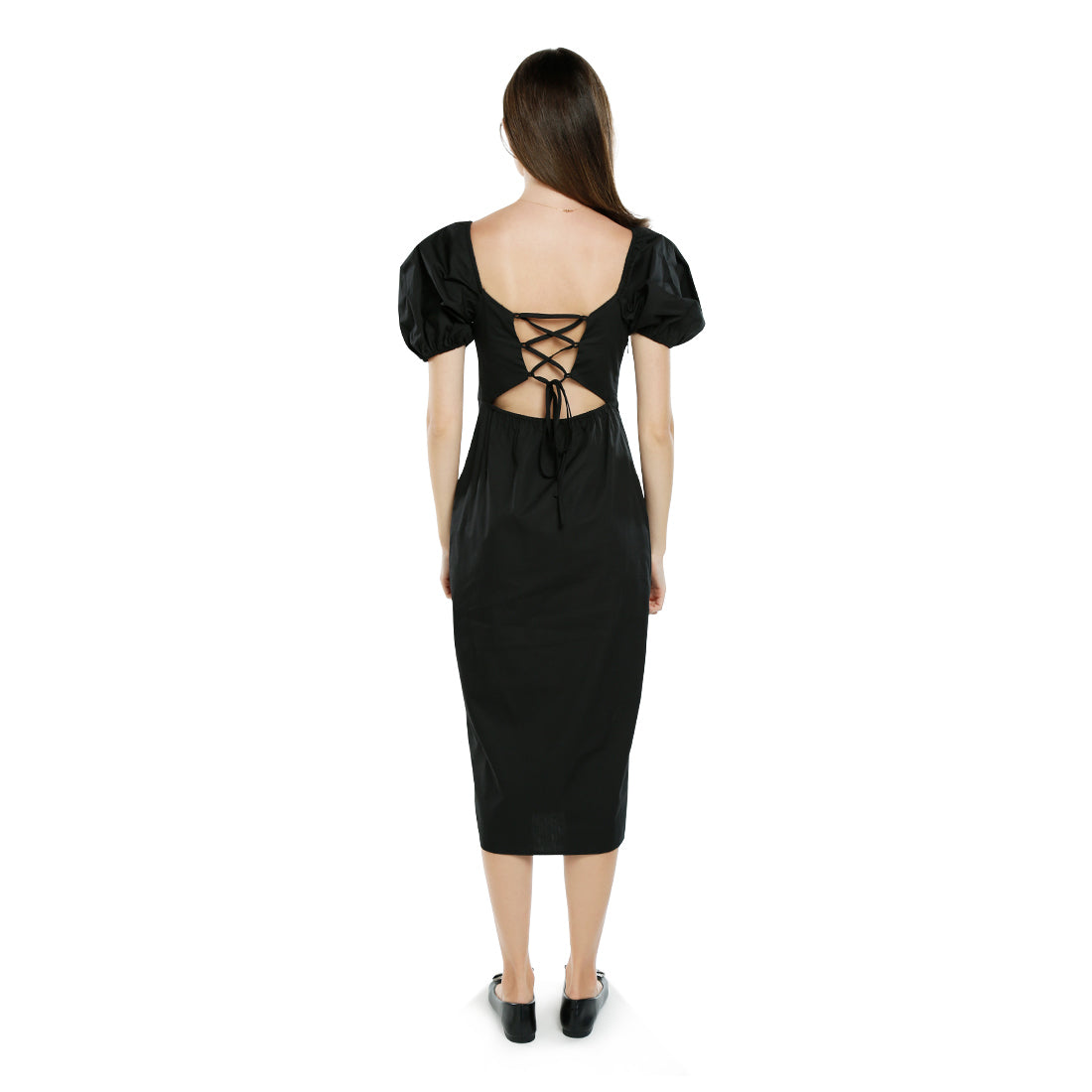 puff sleeves slit dress#color_black