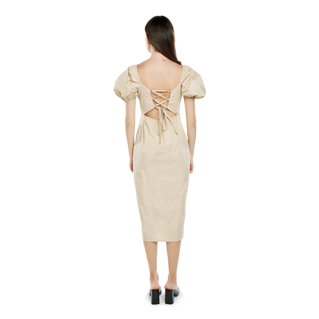 puff sleeves slit dress#color_tan