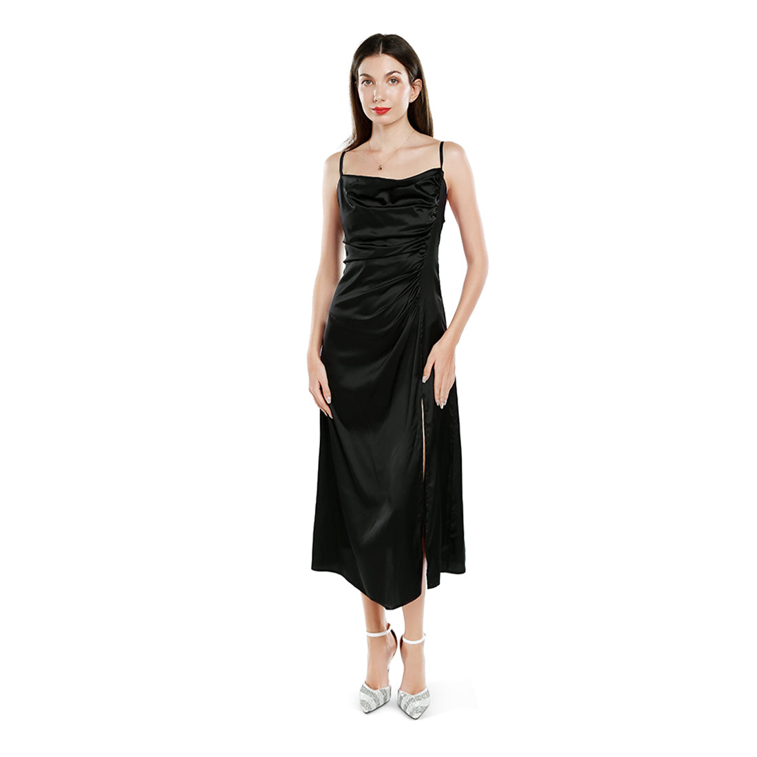 ruched detail slit slip dress#color_black