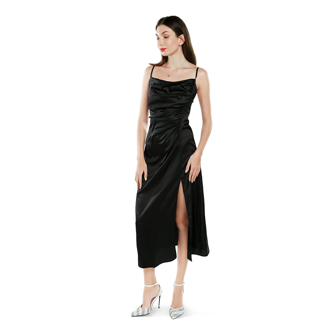 ruched detail slit slip dress#color_black