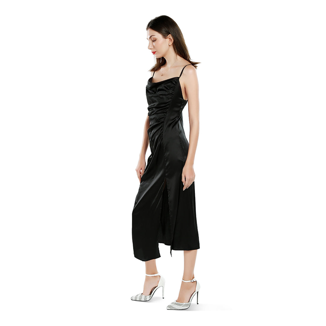 ruched detail slit slip dress#color_black