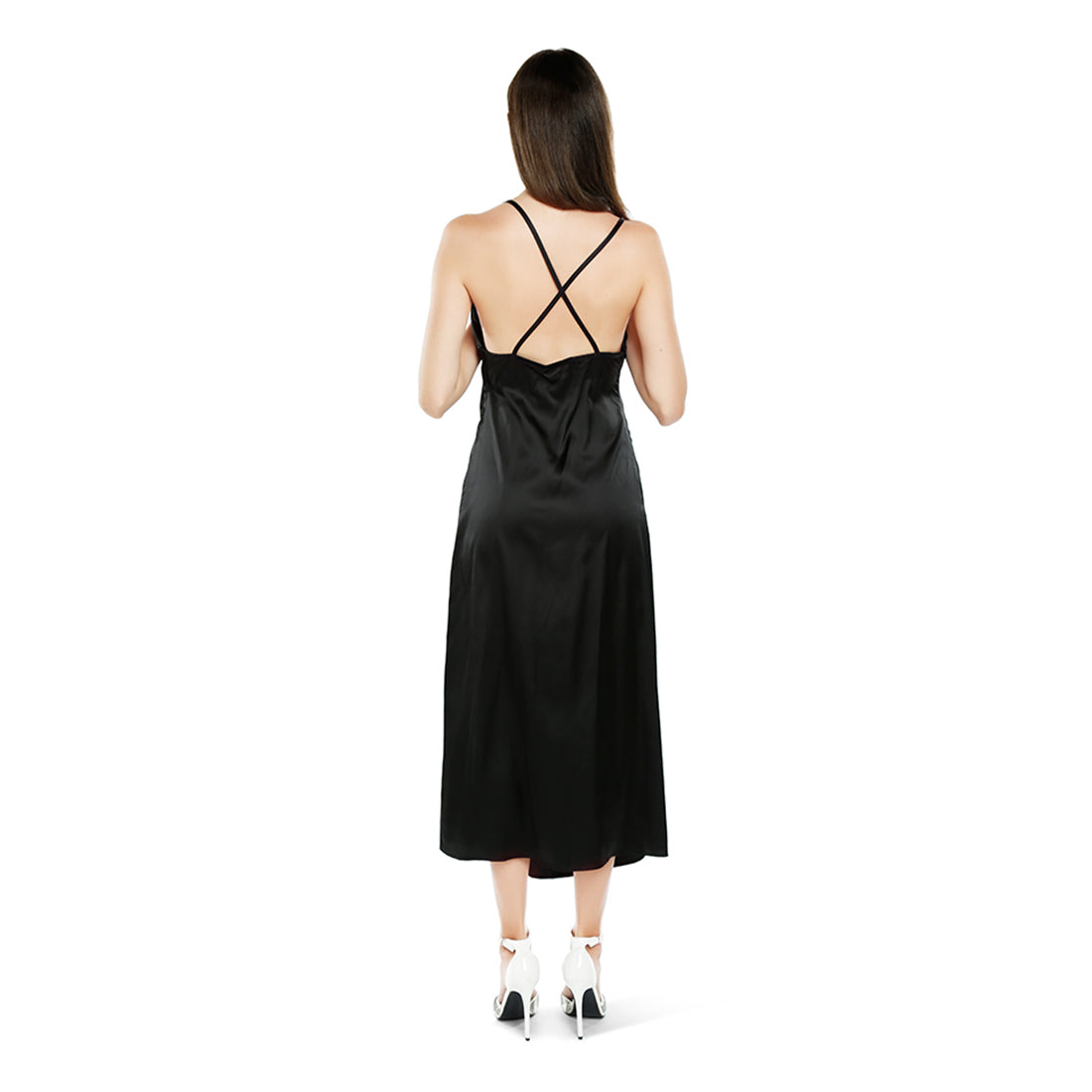 ruched detail slit slip dress#color_black