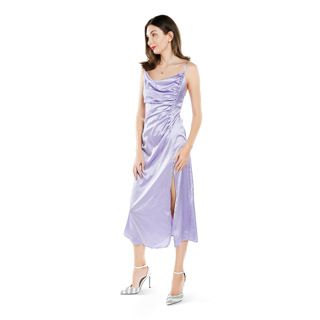 ruched detail slit slip dress#color_lavender