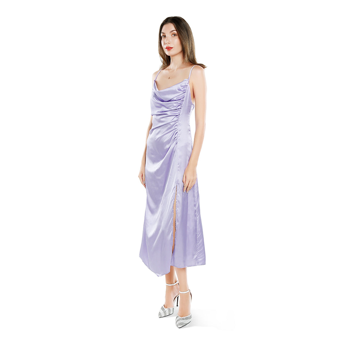 ruched detail slit slip dress#color_lavender