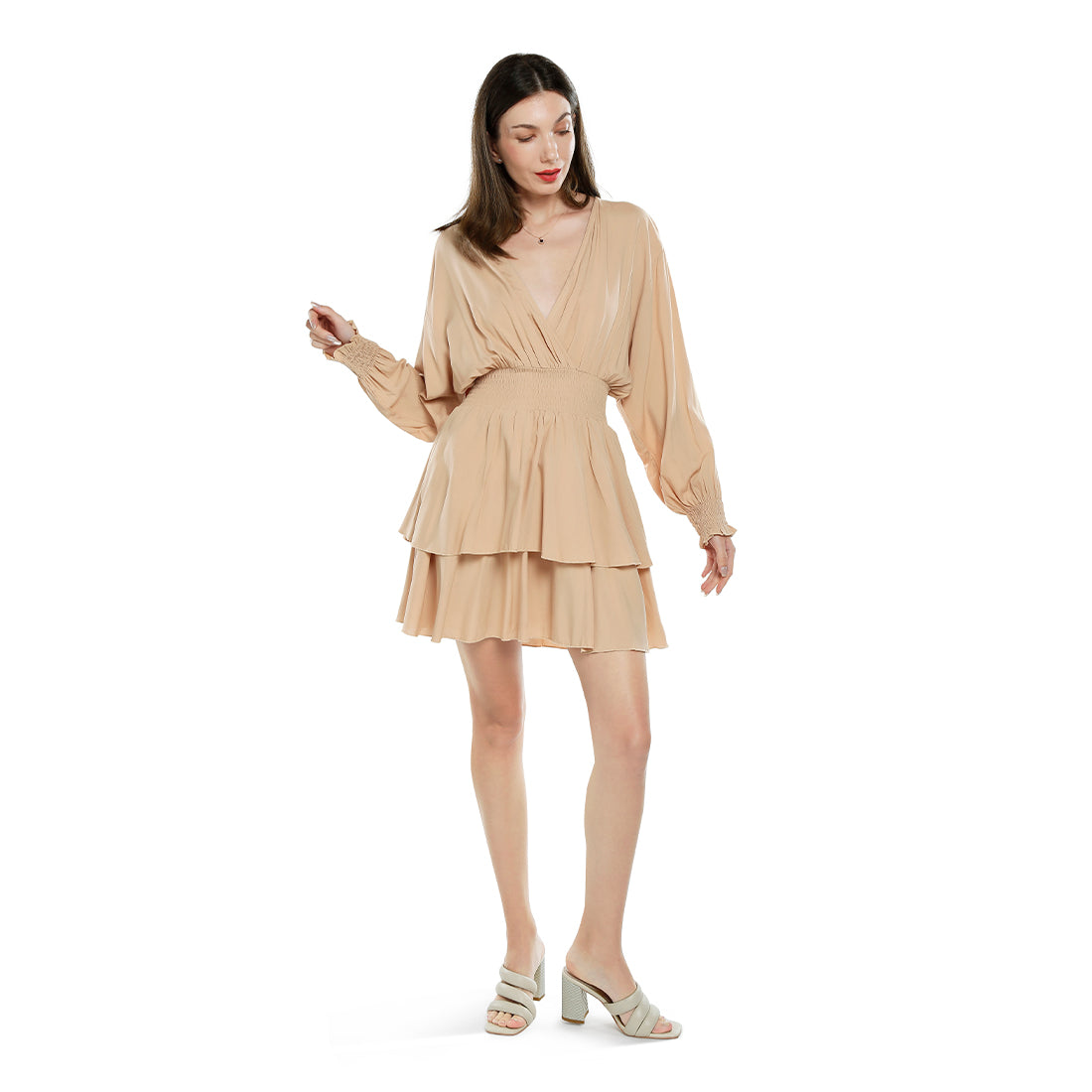 v-neck long lantern sleeves short dress#color_beige