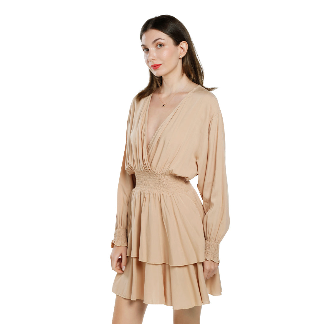 v-neck long lantern sleeves short dress#color_beige