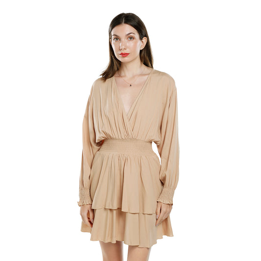 v-neck long lantern sleeves short dress#color_beige