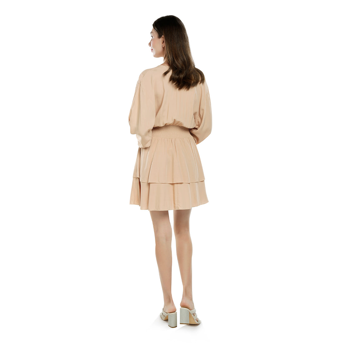 v-neck long lantern sleeves short dress#color_beige