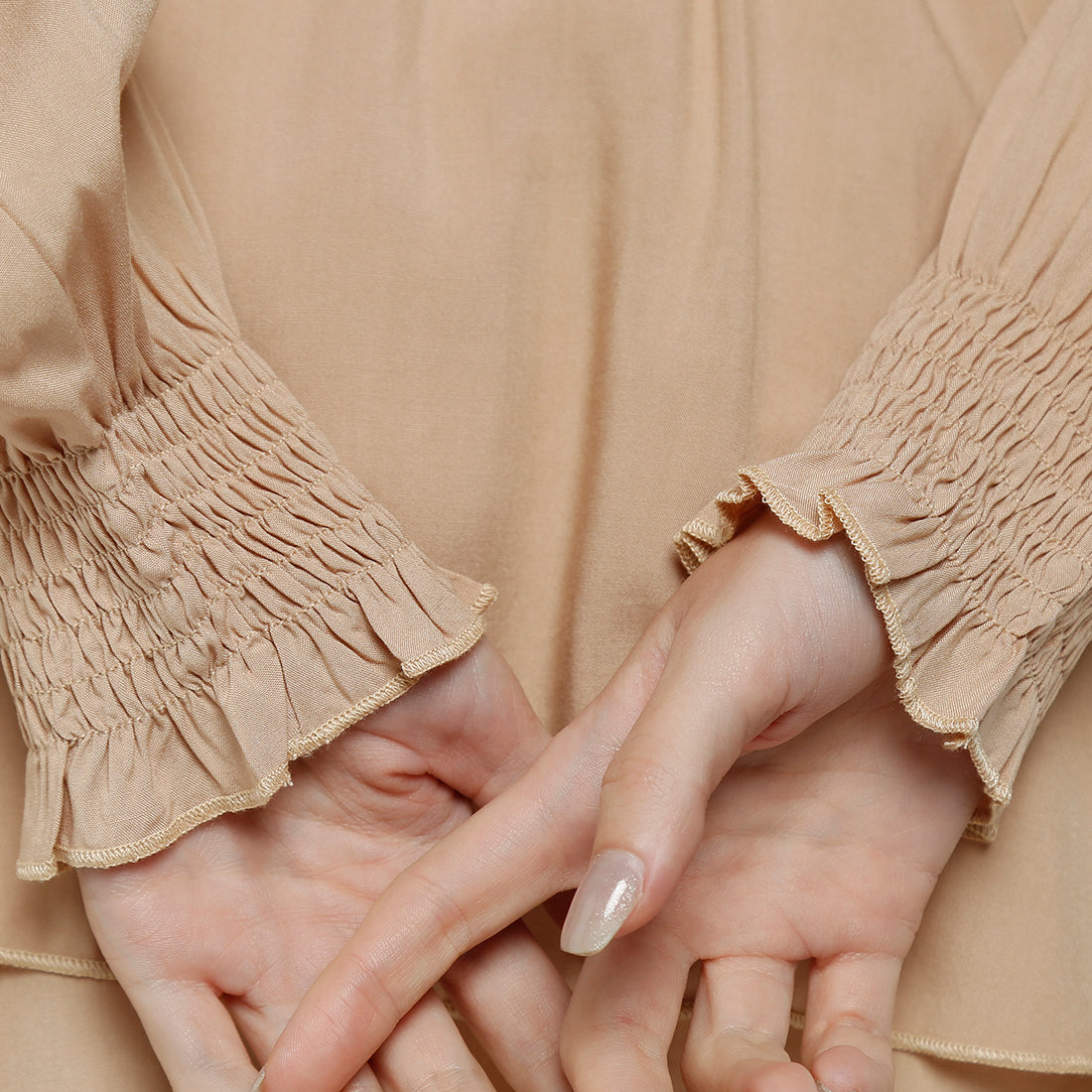 v-neck long lantern sleeves short dress#color_beige