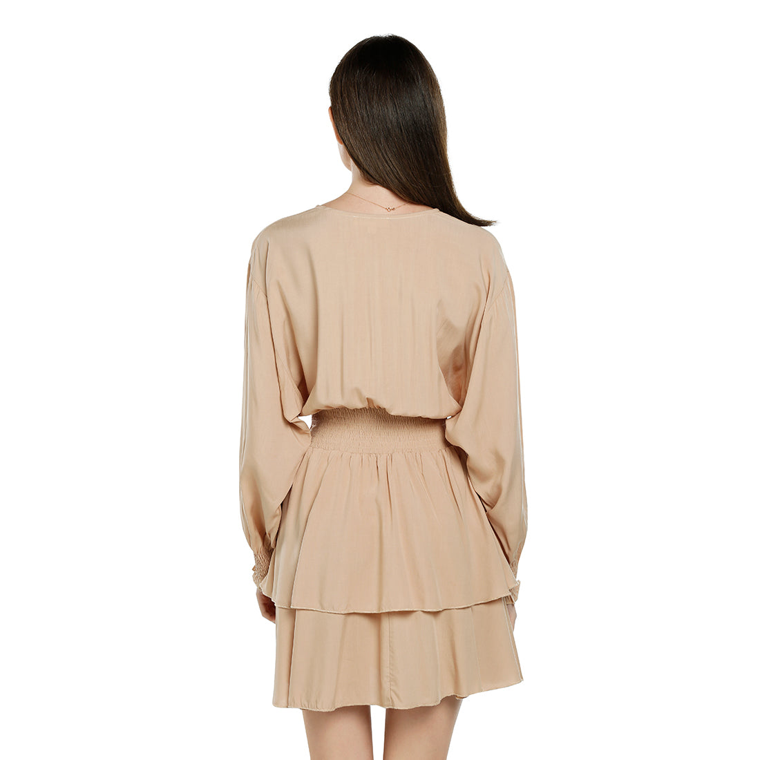 v-neck long lantern sleeves short dress#color_beige