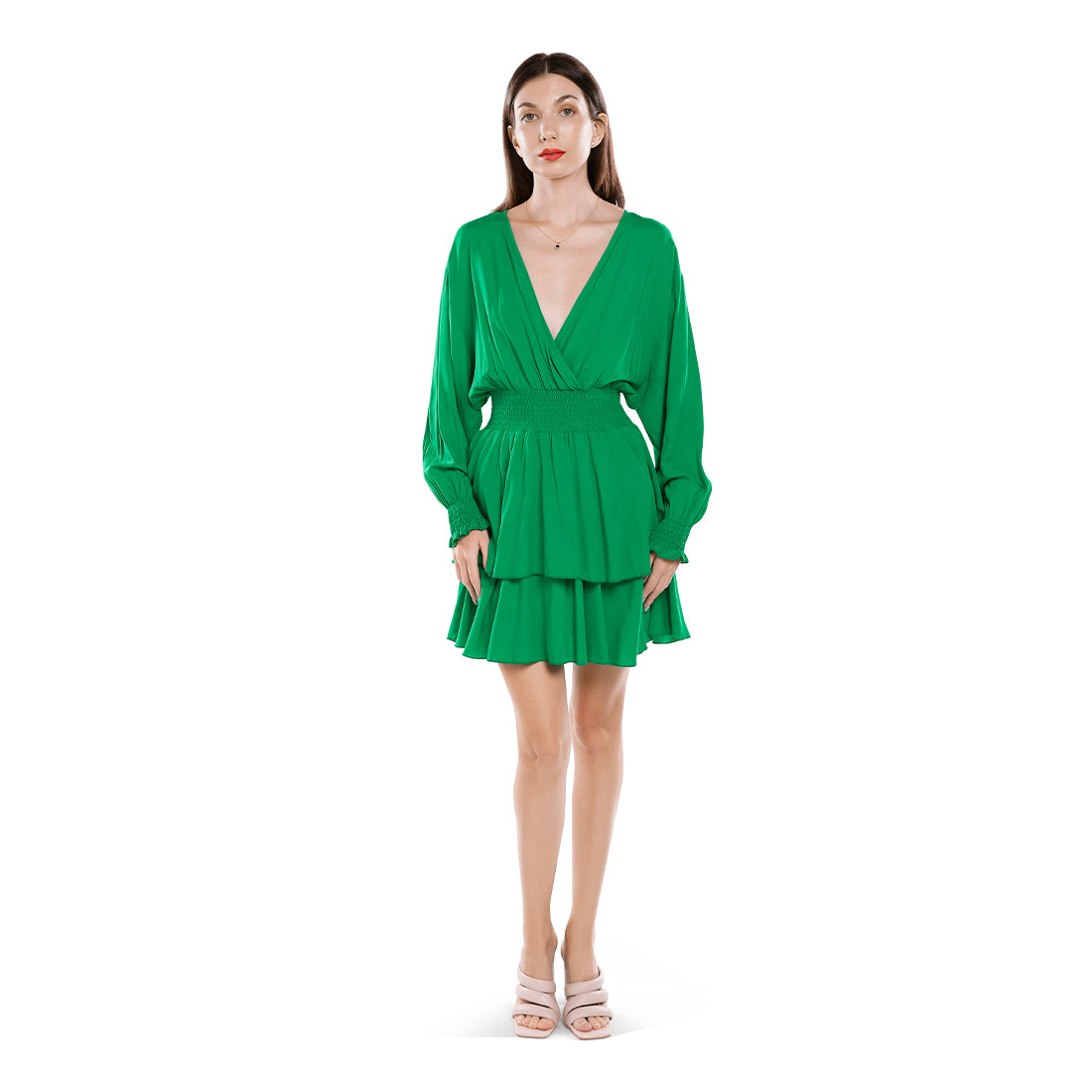 v-neck long lantern sleeves short dress#color_green