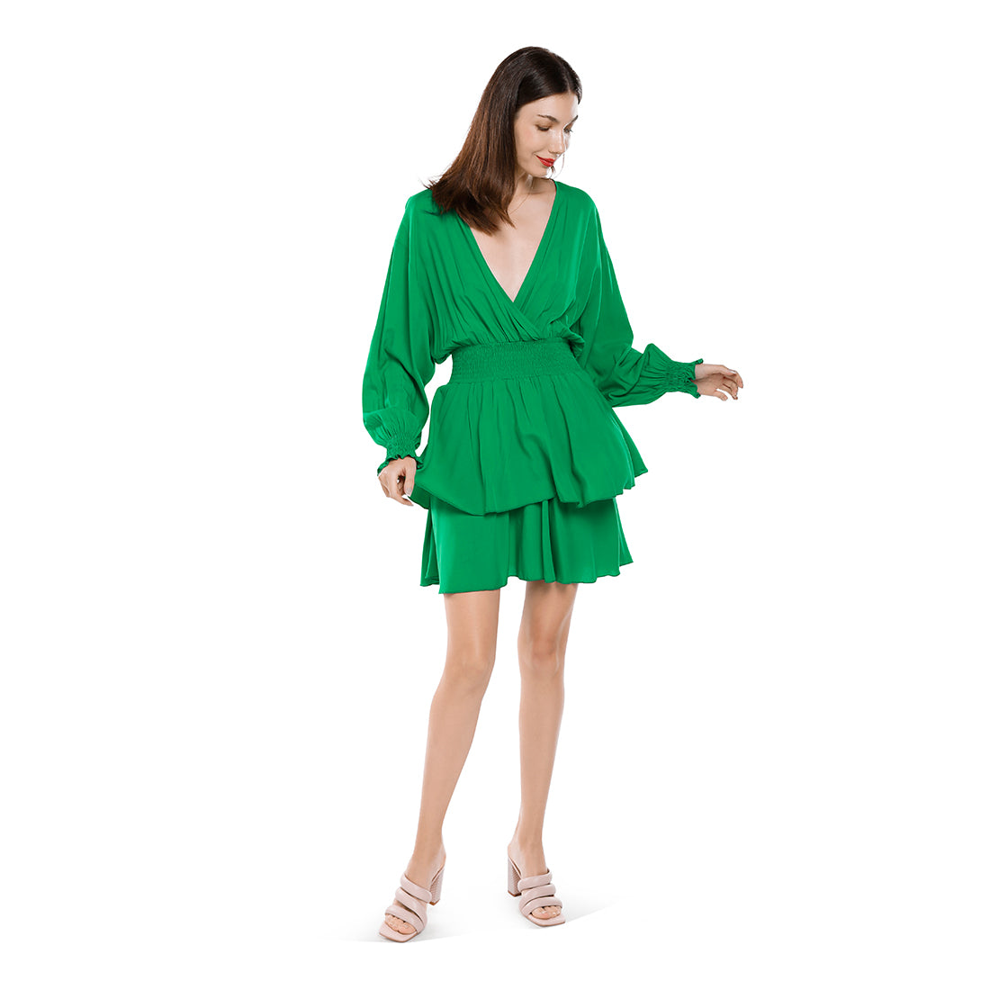v-neck long lantern sleeves short dress#color_green