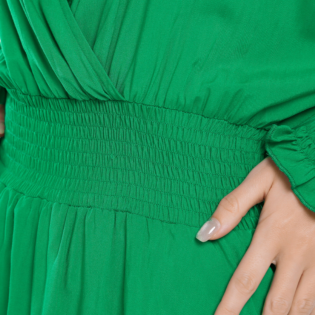 v-neck long lantern sleeves short dress#color_green