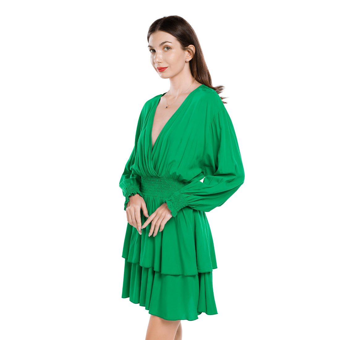 v-neck long lantern sleeves short dress#color_green