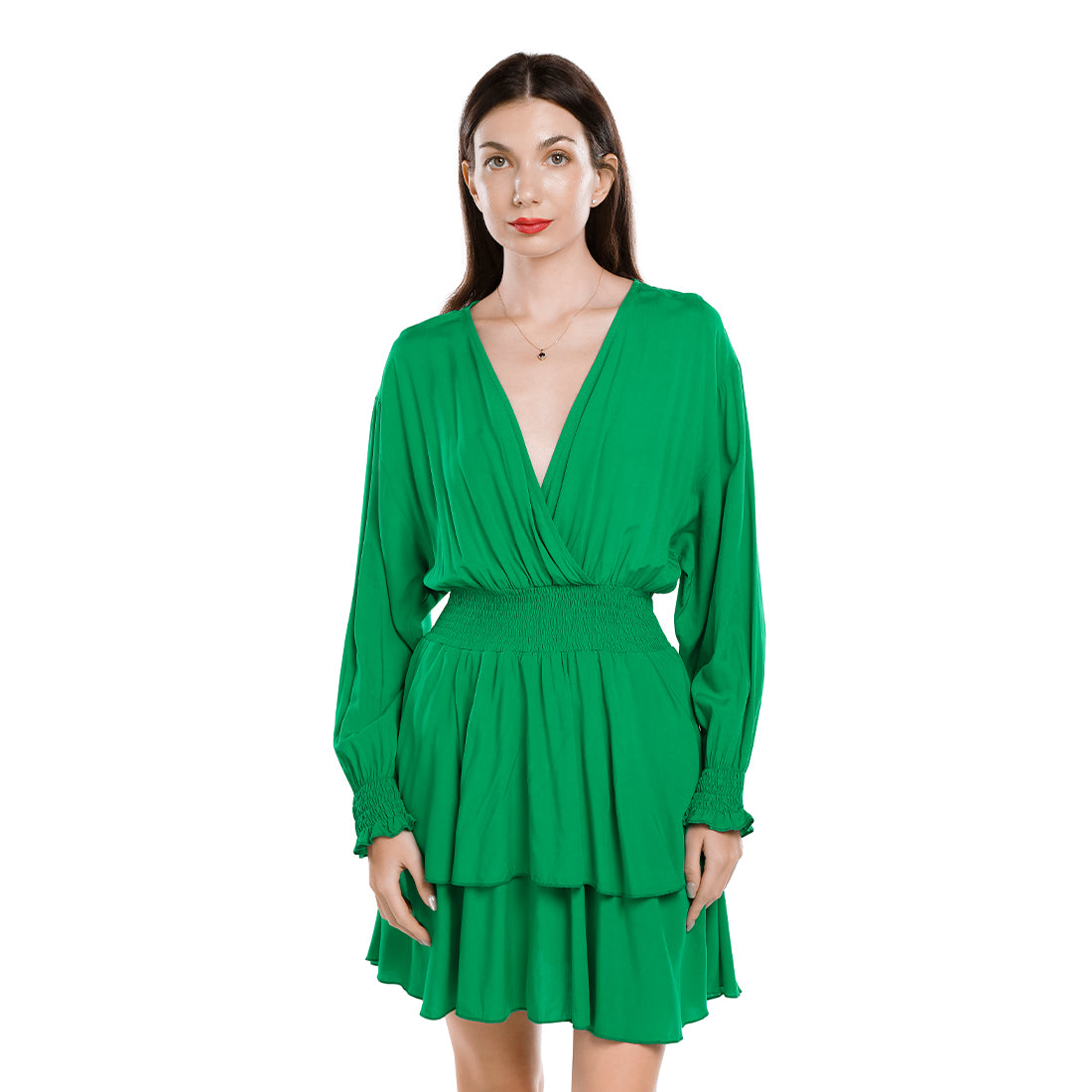 v-neck long lantern sleeves short dress#color_green