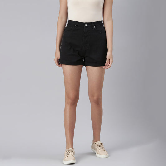 Black High Waist Raw Hem Shorts