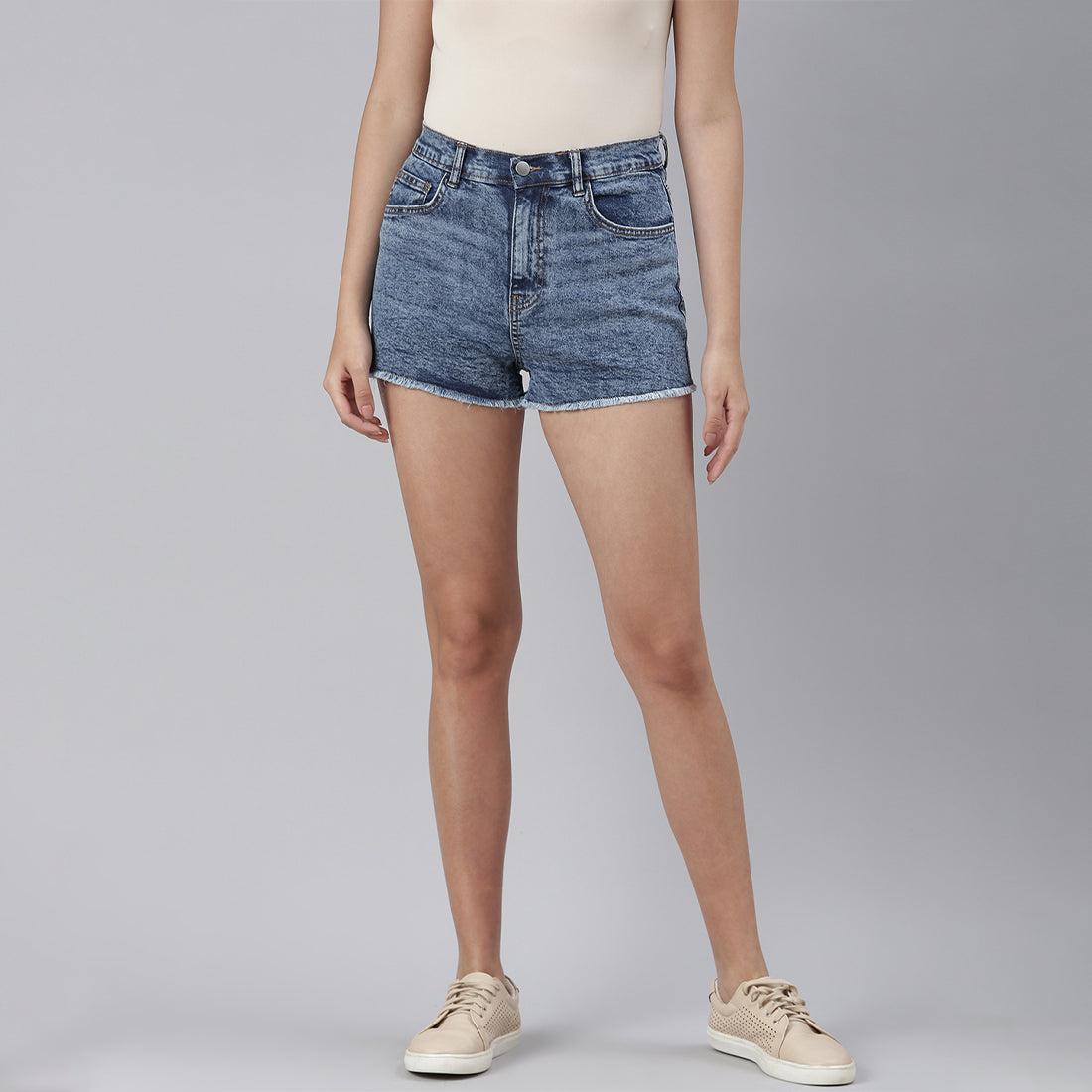 Light Blue High Waist Raw Hem Shorts