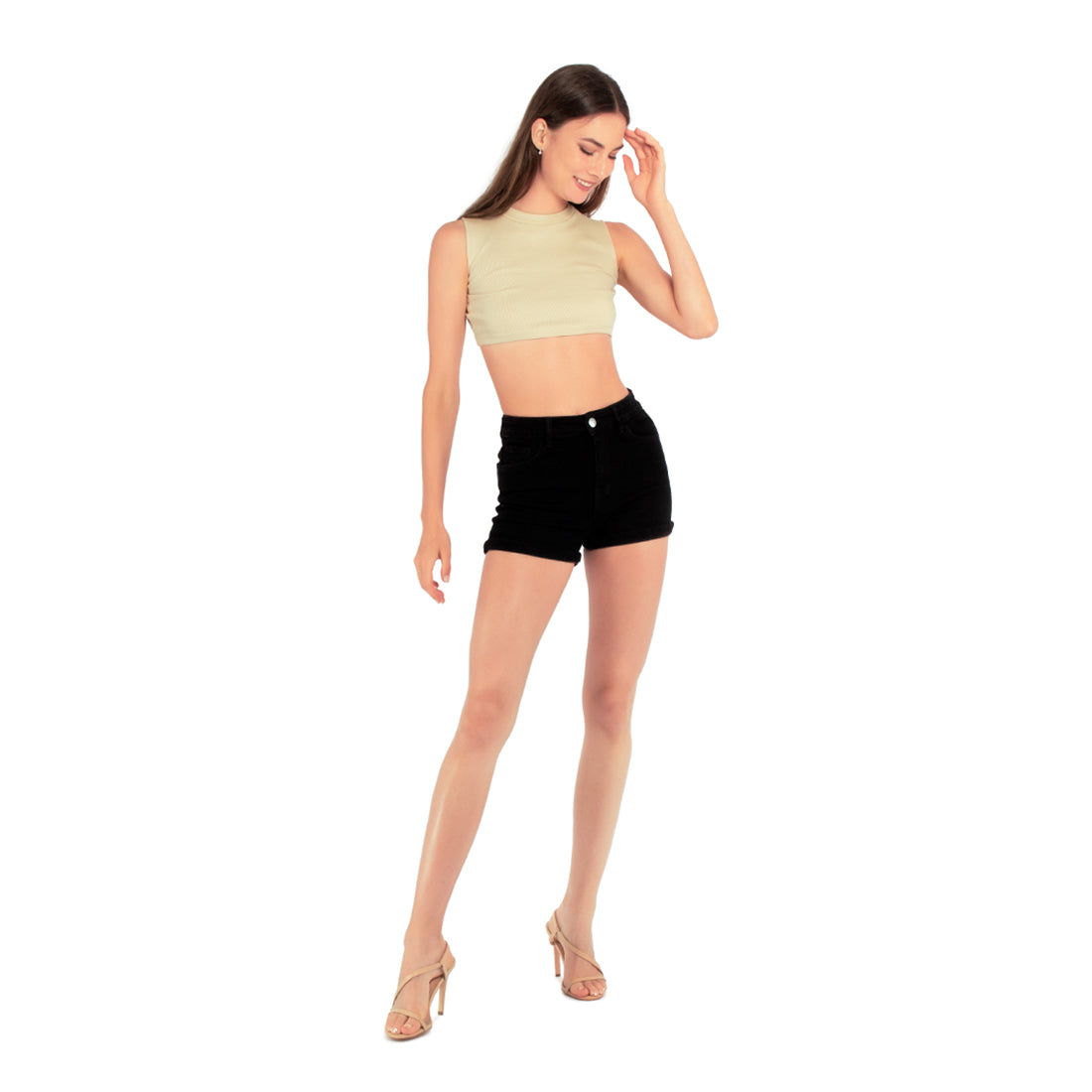 black high waist rolled hem shorts#color_black
