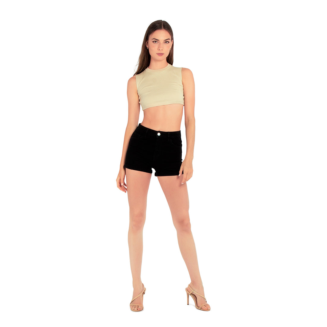 black high waist rolled hem shorts#color_black