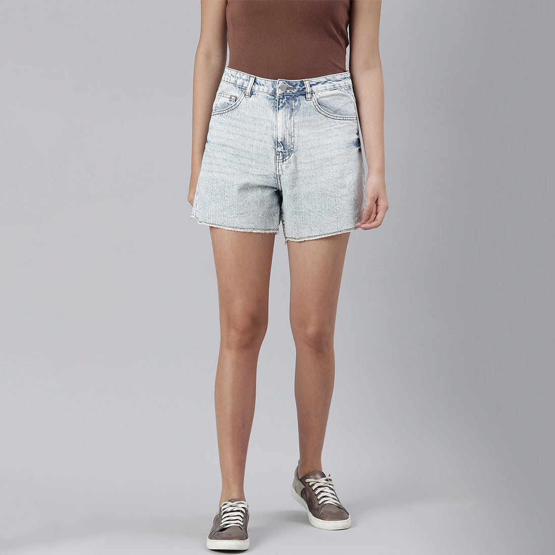 Blue Acid Wash Raw Hem Jeans Shorts
