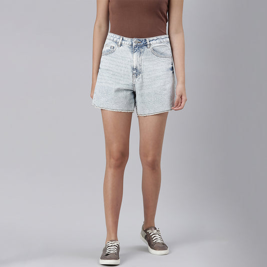 Blue Acid Wash Raw Hem Jeans Shorts