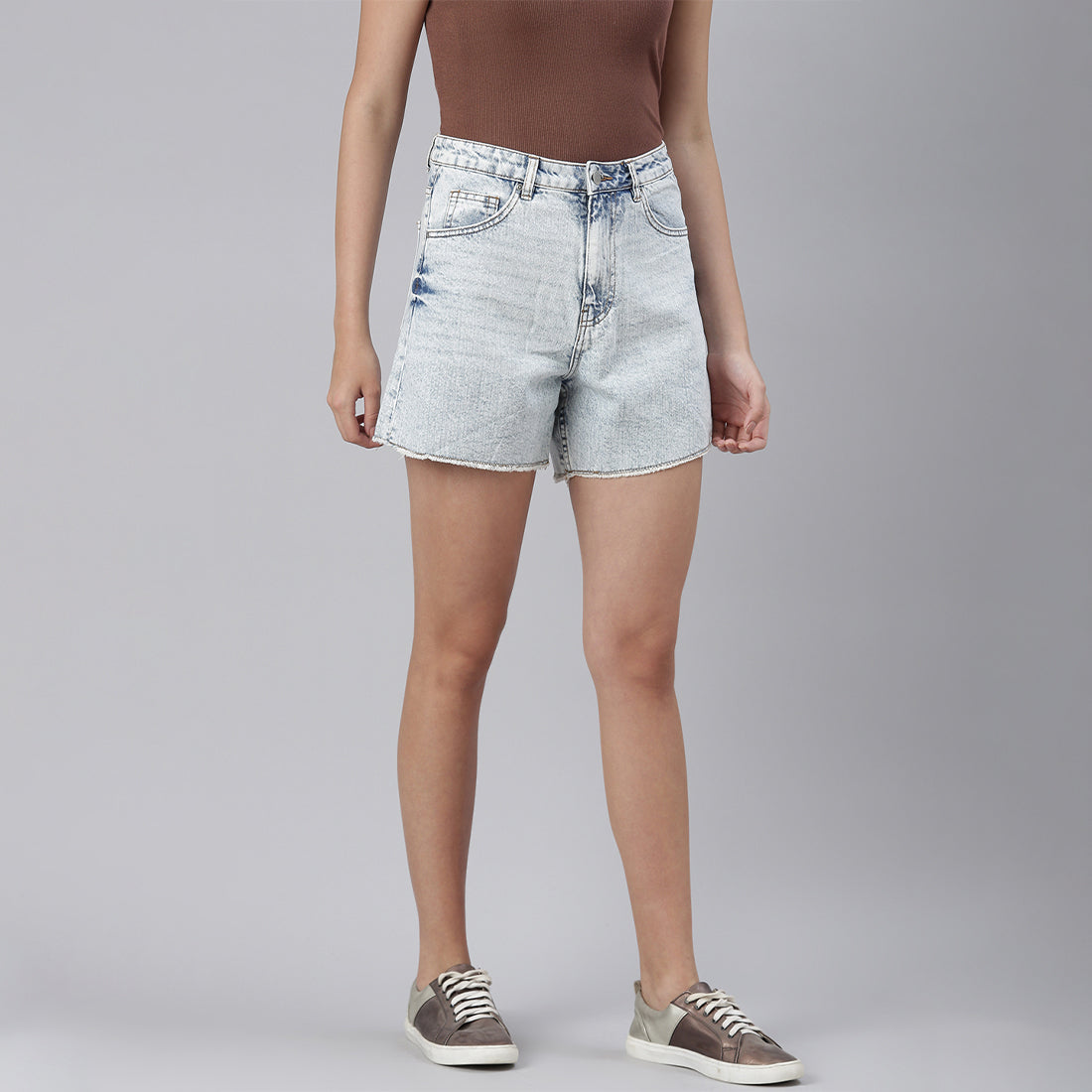 Blue Acid Wash Raw Hem Jeans Shorts