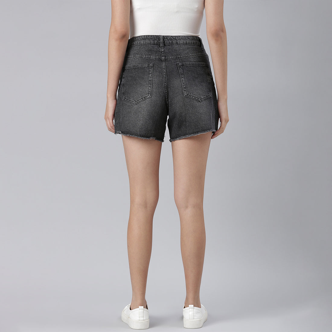 Grey Acid Wash Raw Hem Jeans Shorts