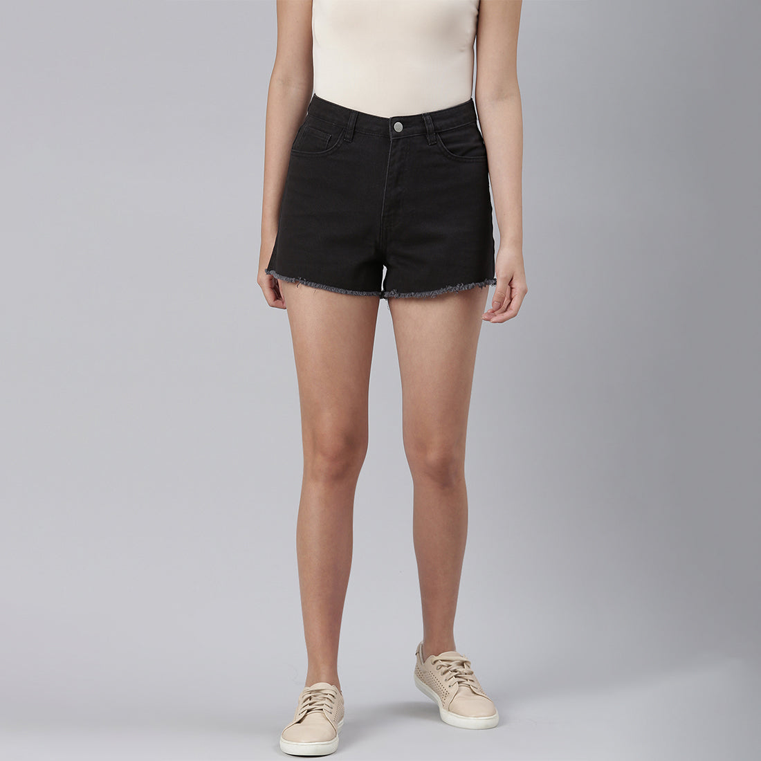 Black Jeans High Waist Raw Hem Shorts