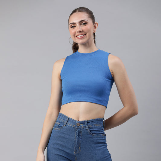 solid knitted crop top#color_blue