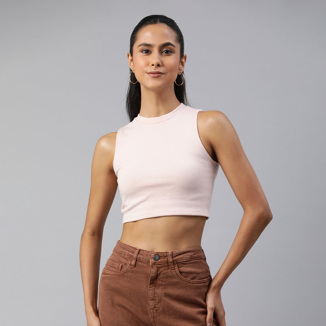 solid knitted crop top#color_pink