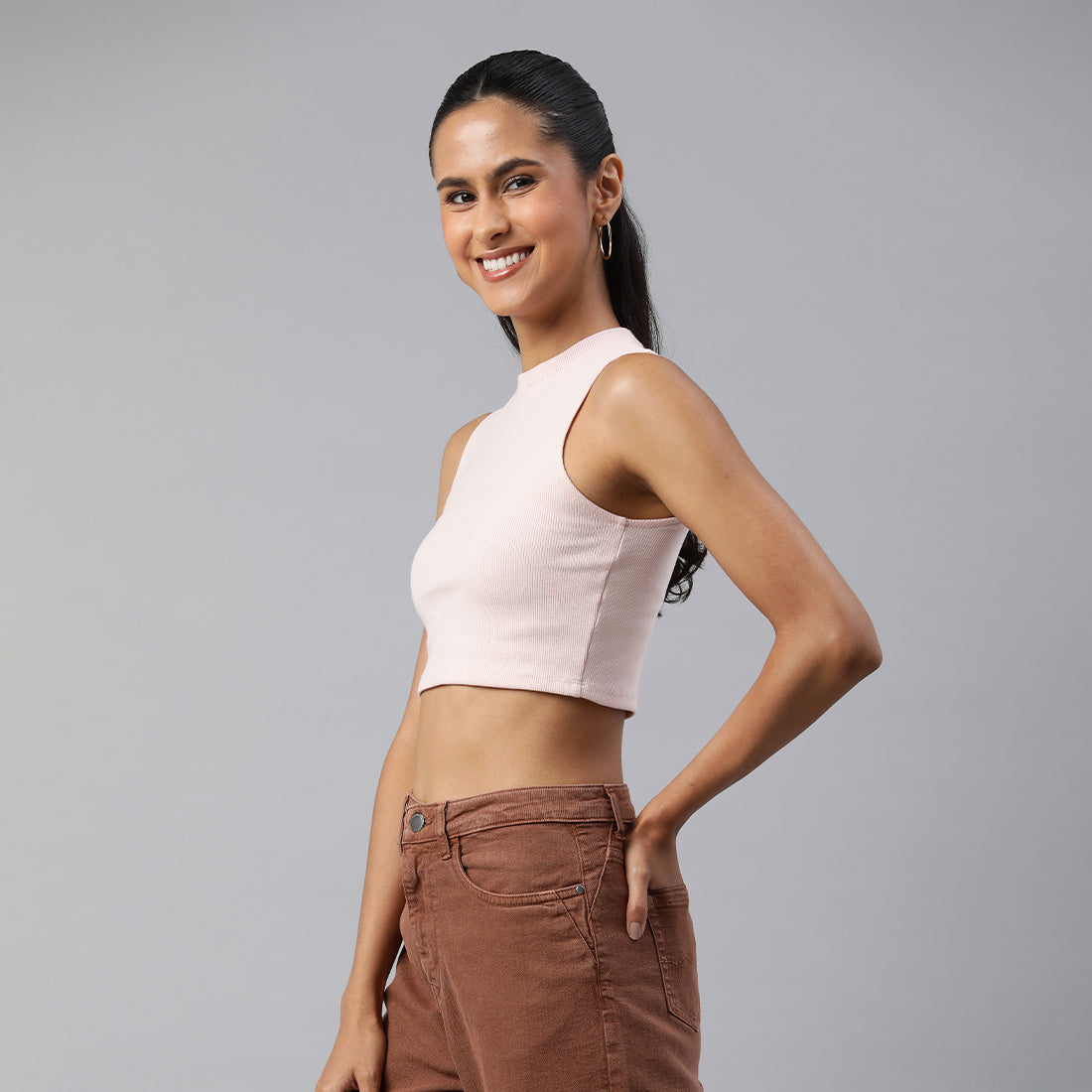 solid knitted crop top#color_pink