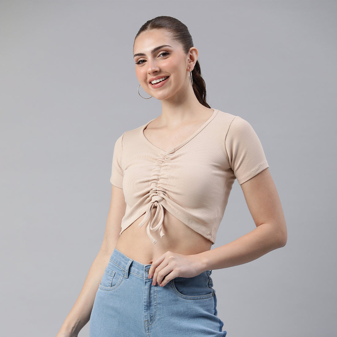 drawstring detail crop top#color_beige