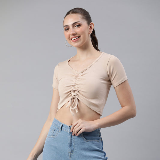 drawstring detail crop top#color_beige