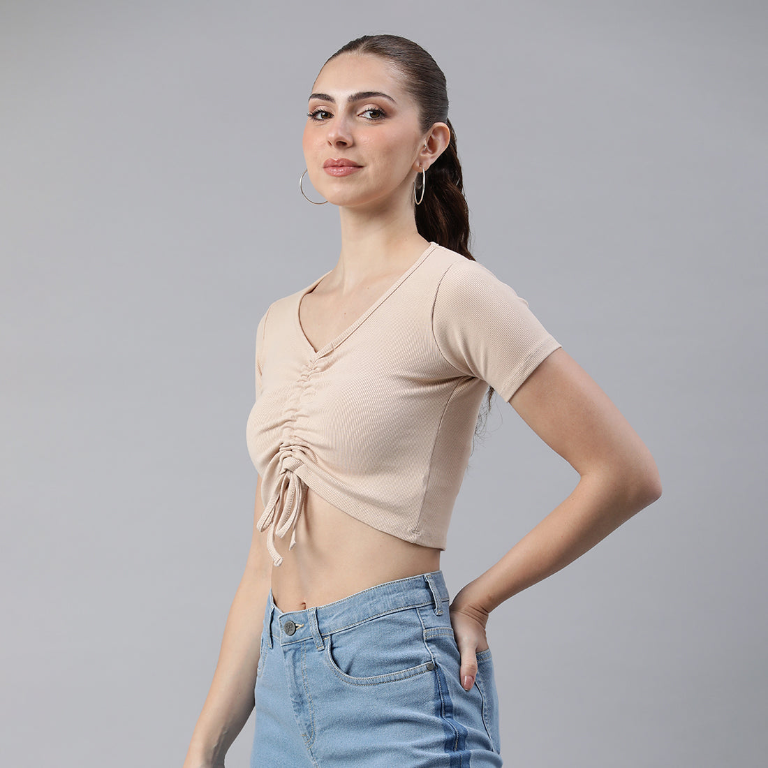 drawstring detail crop top#color_beige