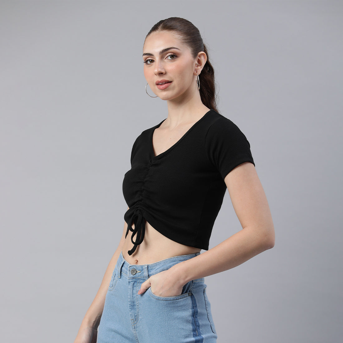 drawstring detail crop top#color_black