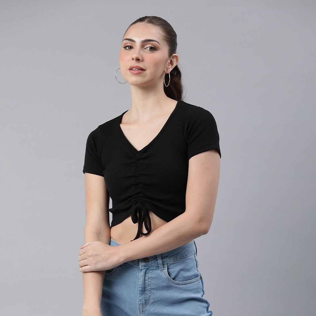 drawstring detail crop top#color_black