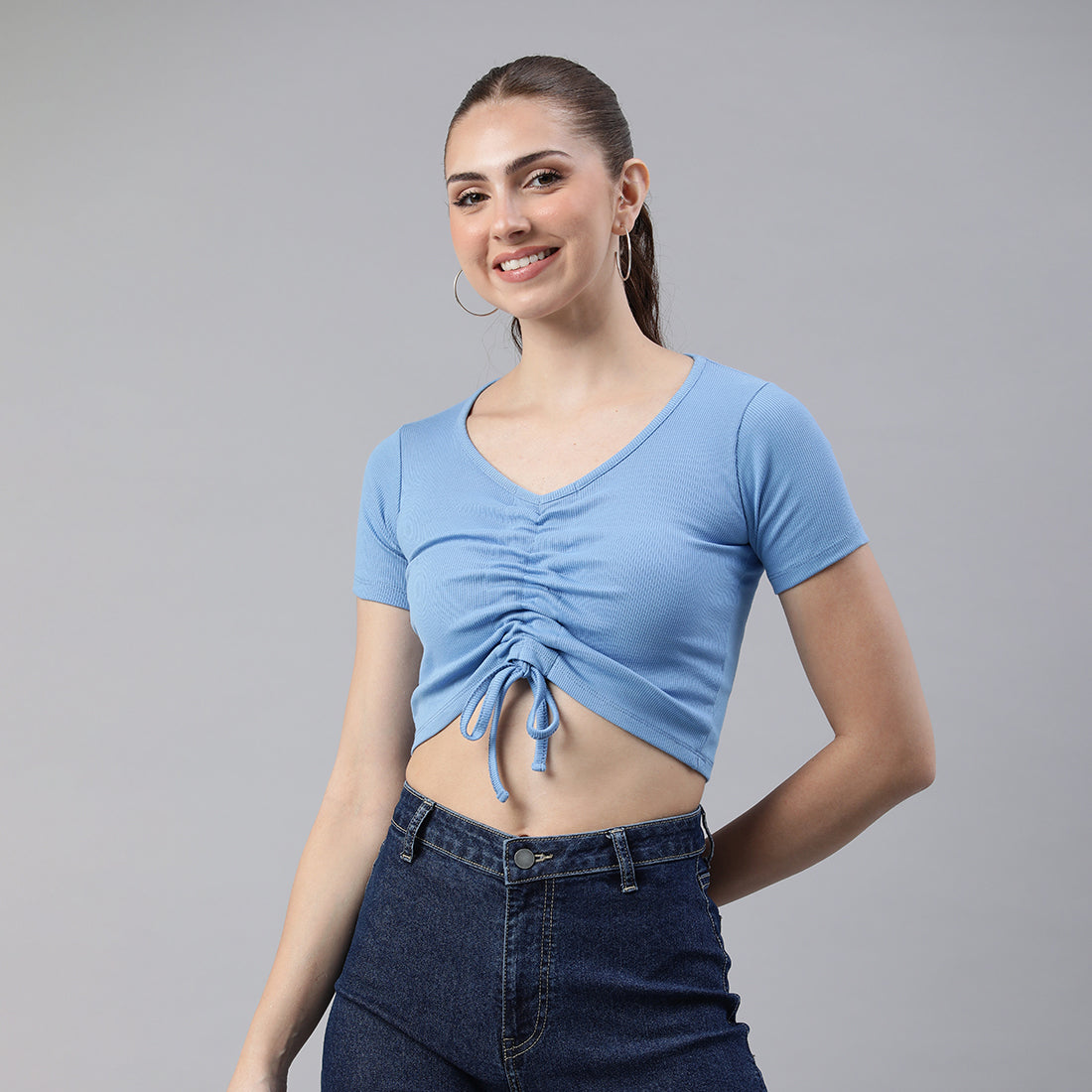 drawstring detail crop top#color_blue