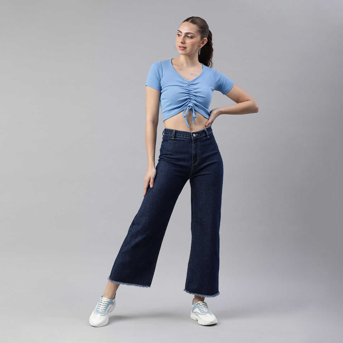 drawstring detail crop top#color_blue