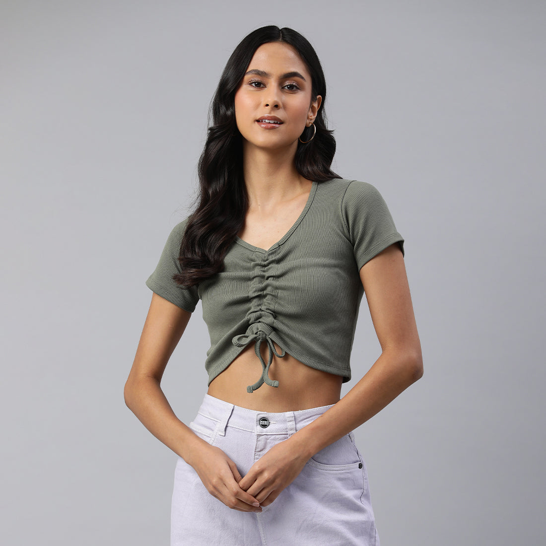 drawstring detail crop top#color_olive