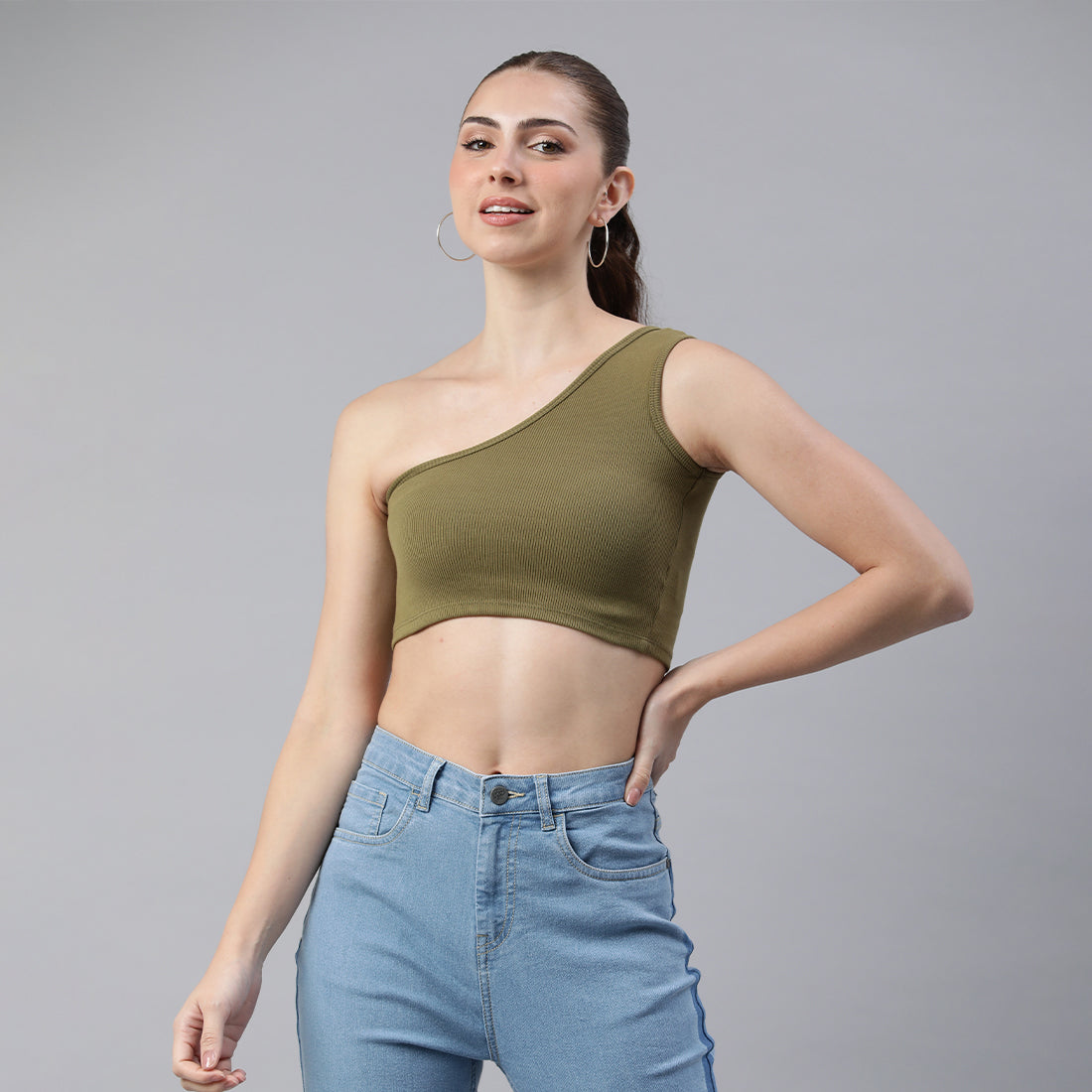 asymmetrical basic crop top#color_olive