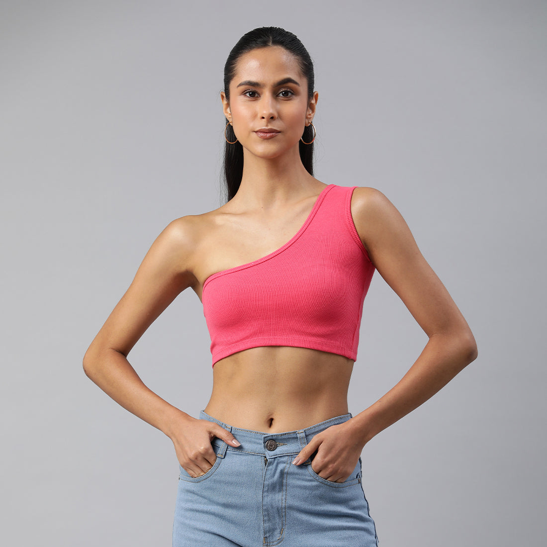 asymmetrical basic crop top#color_pink
