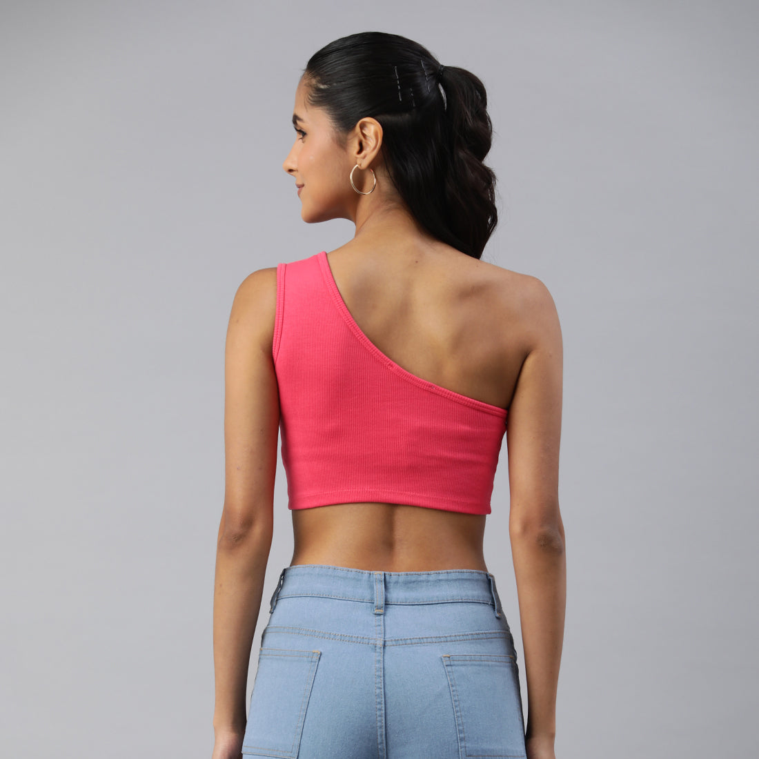 asymmetrical basic crop top#color_pink