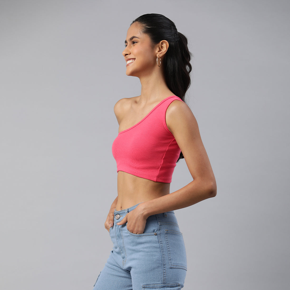 asymmetrical basic crop top#color_pink