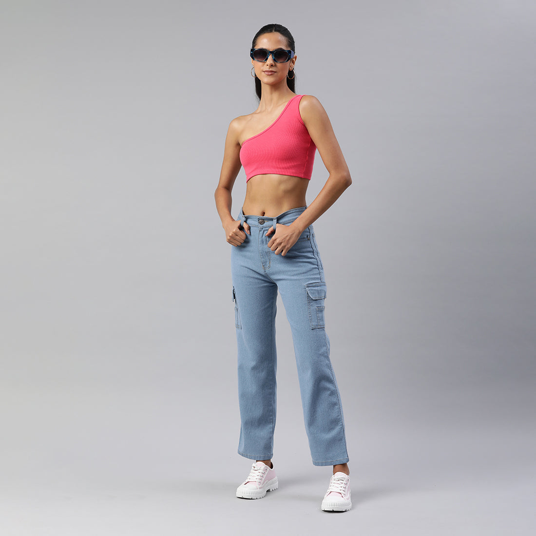 asymmetrical basic crop top#color_pink