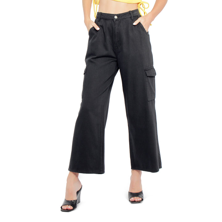 high waist cargo pocket pants#color_black