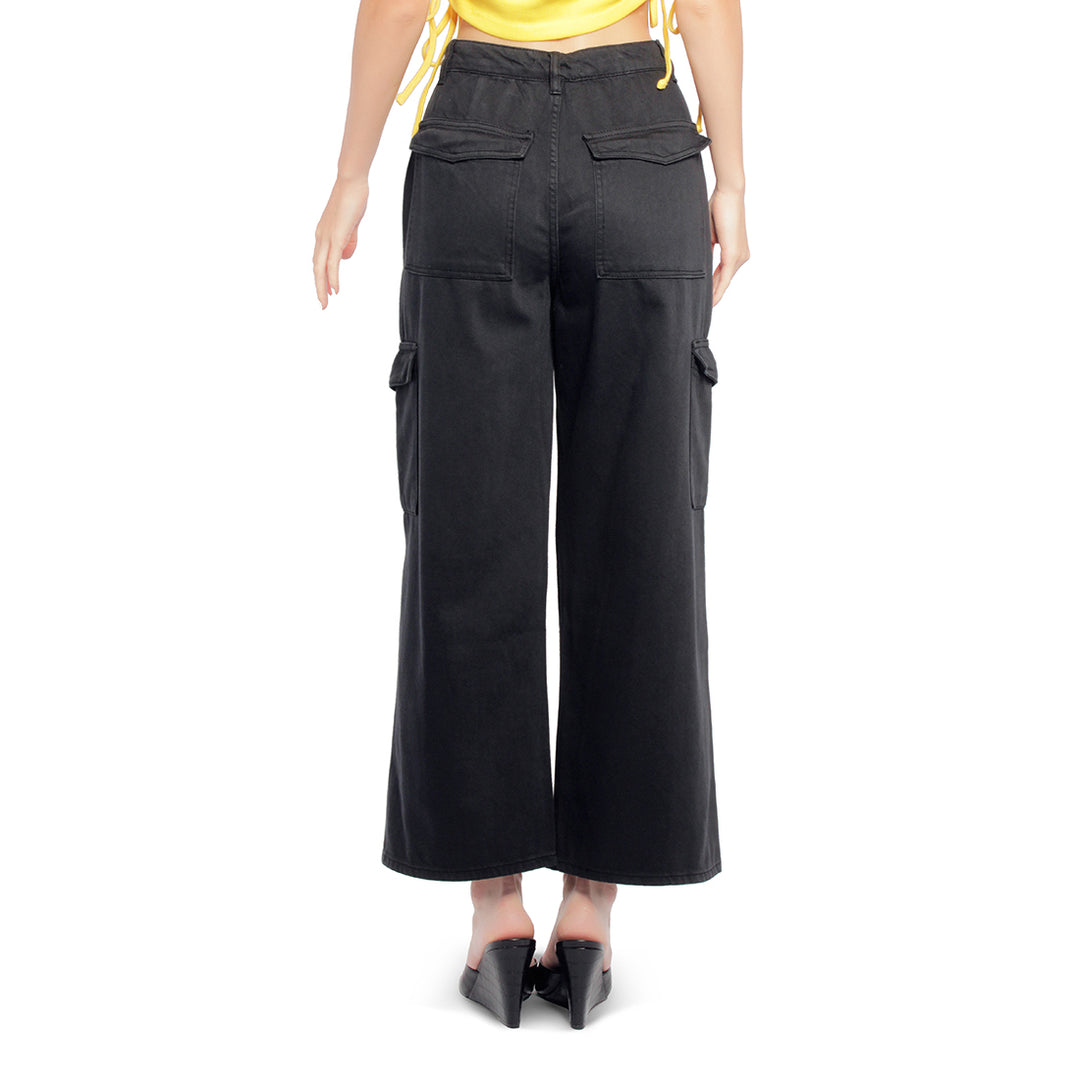 high waist cargo pocket pants#color_black