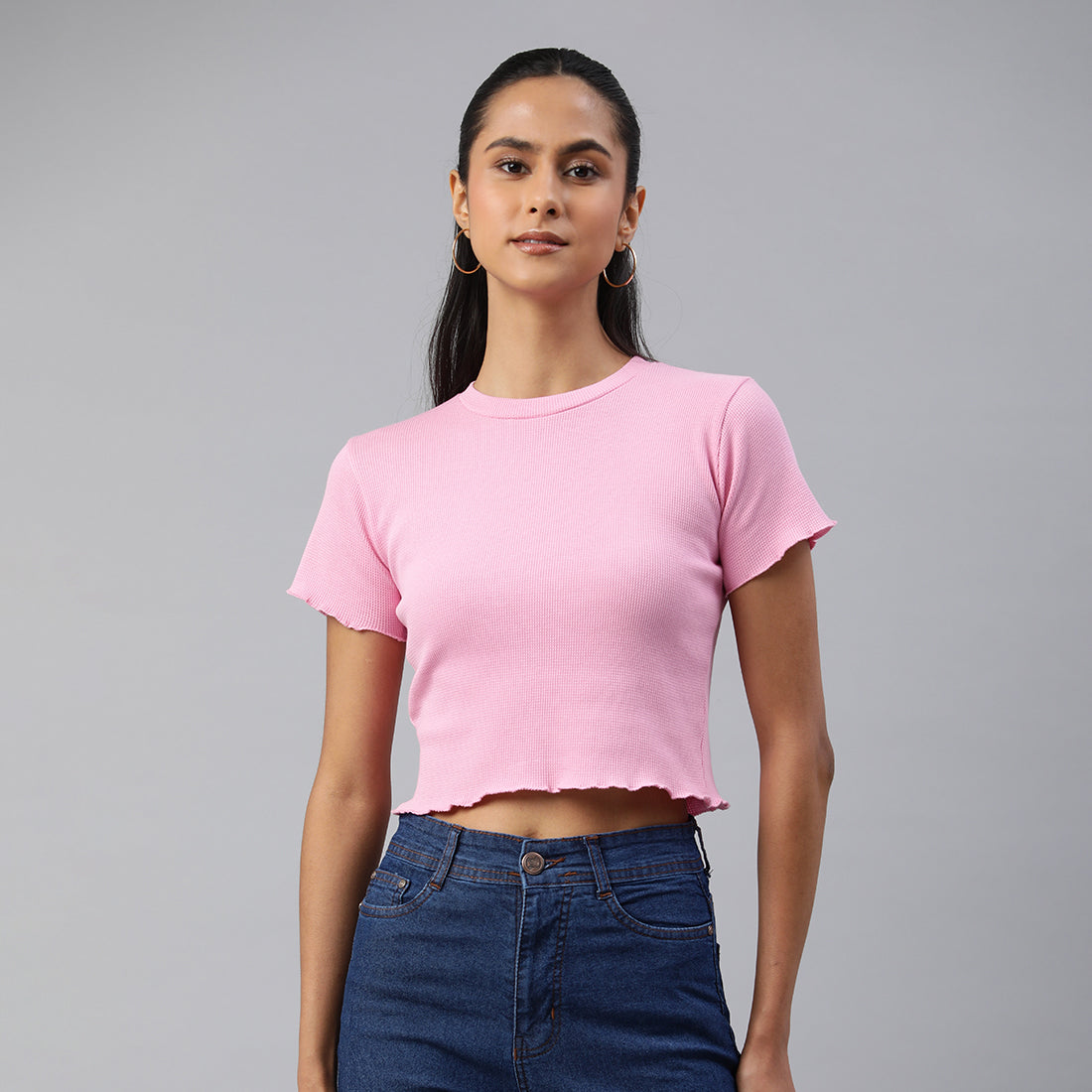 crew neck rib knit top#color_pink