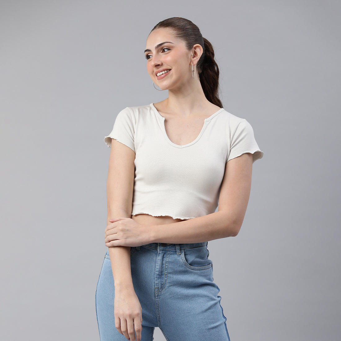 v neck rib knit top#color_beige